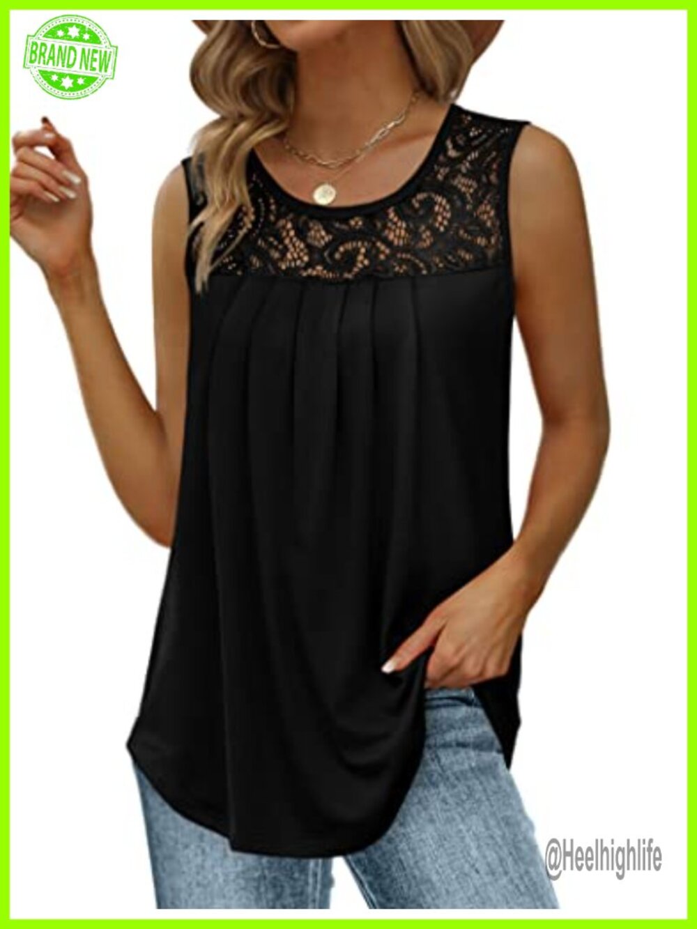 Saloogoe Women's Loose Fit Pleated Lace Scoop Neck Sleeveless Tank Top